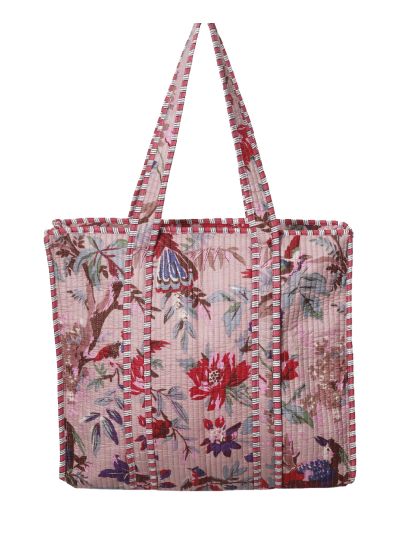 Gewatteerde schoudertas/shopper in oudroze met vogelprint