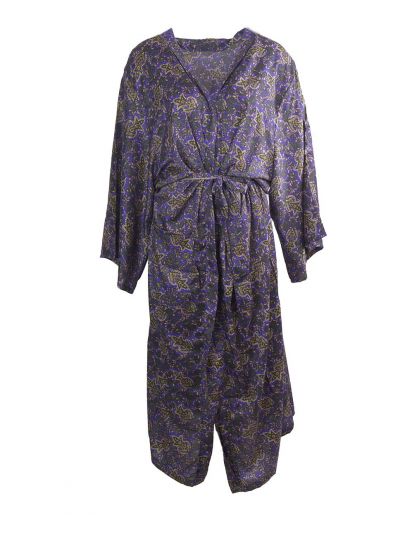 Lange zijde-blend kimono in paars en groen