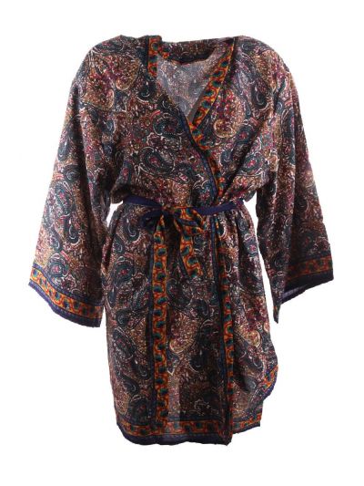 Korte zijde-blend kimono met paisley print in petrol en roze
