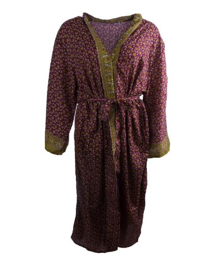 Lange zijde-blend kimono met bloemenprint in limegroen