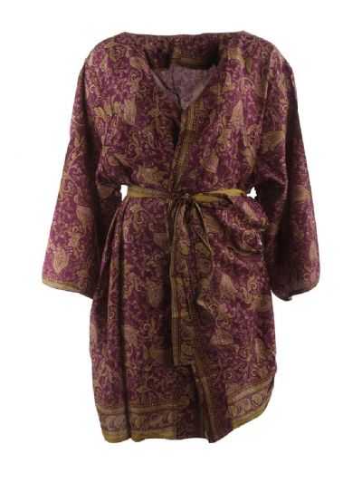 Korte zijde-blend kimono in wijnrood met limegroen