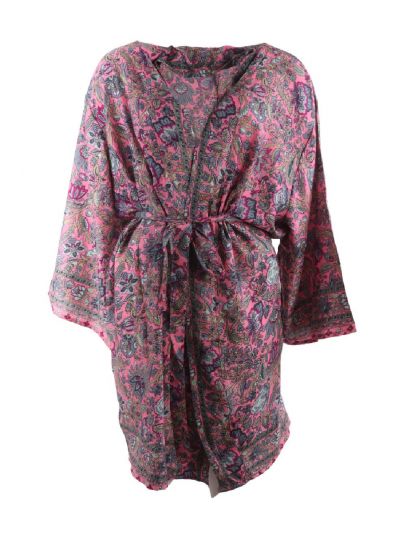 Korte zijde-blend kimono in zalmroze 