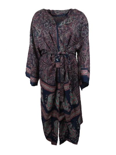 Lange donkerblauwe zijde-blend kimono met paisley print in roze
