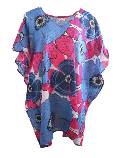 Korte kaftan met bloemenprint in hardroze en blauw