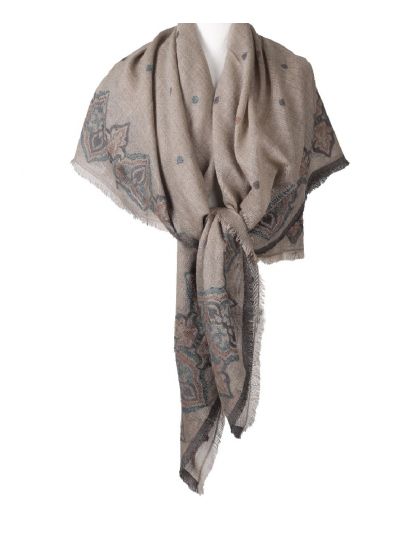  Taupe omslagdoek/sjaal met geborduurde ornamenten