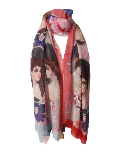 Wollen mousseline sjaal met vintage portretprint 