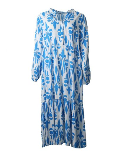 Maxi-jurk met een Franse lelie motief in blauw