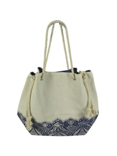 Ivoorkleurige strandtas met borduursel print