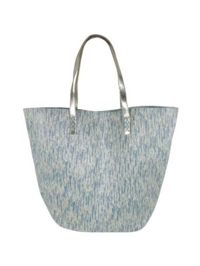 Strandtas met gevlochten lurex in turquoise-wit 