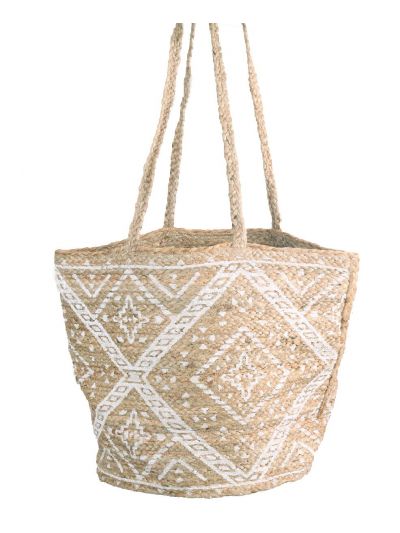 Strooien strandtas met Azteken print in wit
