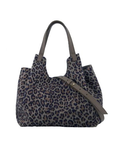 Leopard suède handtas in grijs en taupe