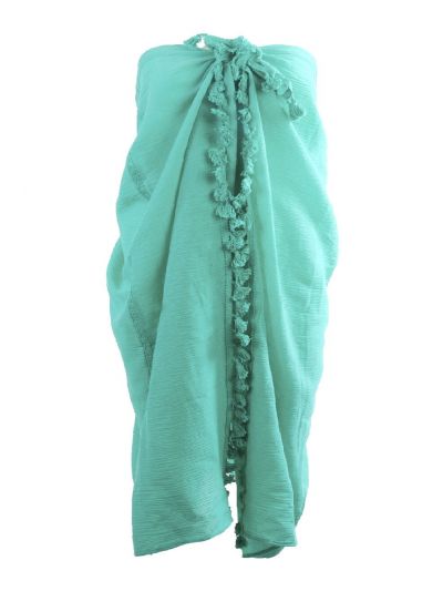 Katoenen sarong in zeegroen met kwasten franje