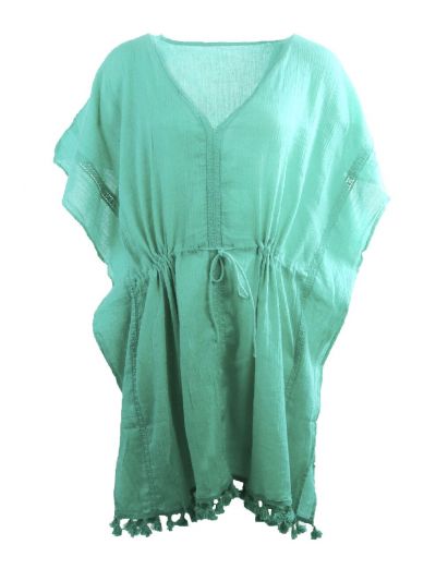 Korte katoenen kaftan in zeegroen met V-hals