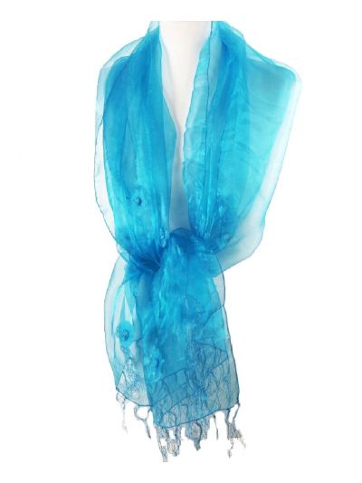 Donker turquoise organza stola met bloemetjes