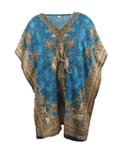 Turquoise tuniek met paisley print en V-hals