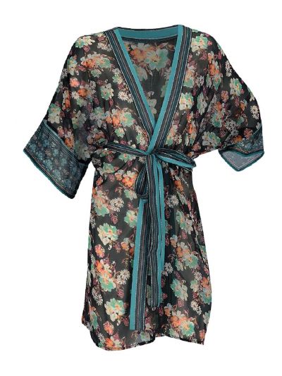 Zwarte voile kimono met bloemenprint