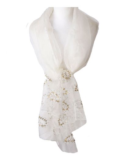 Ivoorkleurige zijden organza stola met opgestikte details
