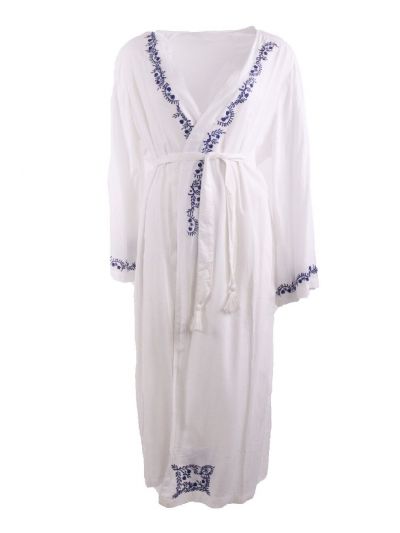 Lange kimono in wit met geborduurde ornament