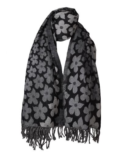 Wollen sjaal met bloemenprint in zwart en grijs