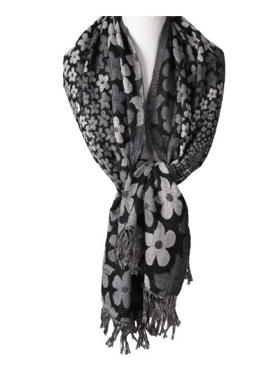 Wollen sjaal met bloemenprint in zwart en grijs