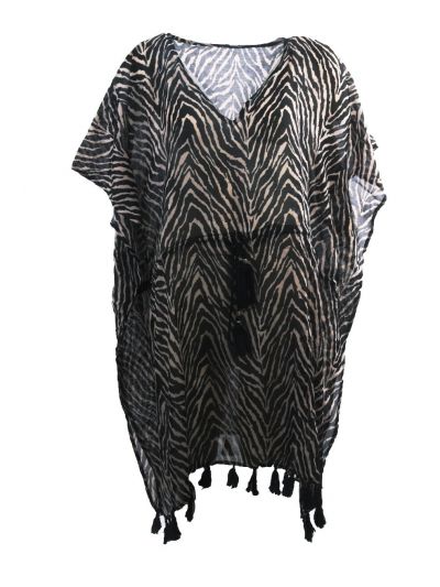 Korte kaftan met zebraprint en kwasten franje