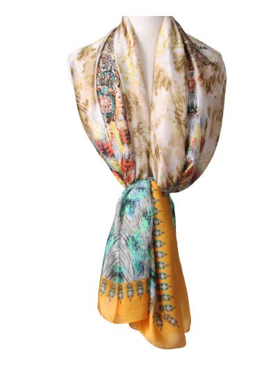 Zijde-blend sjaal in warmgeel met mixed print