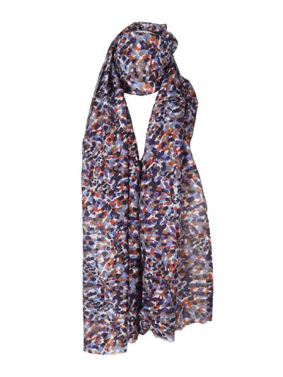 Zijde-katoenen sjaal met abstracte print – donkerblauw, paars & oranje