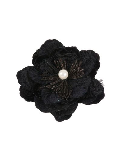 Zwarte haarbloem / broche van fluweel en kant