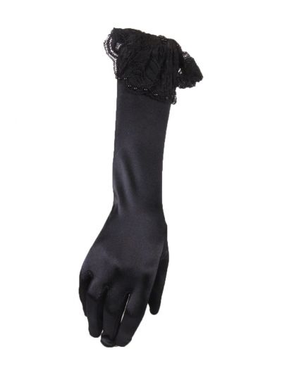 Zwarte half lange avondhandschoenen met kant en strik