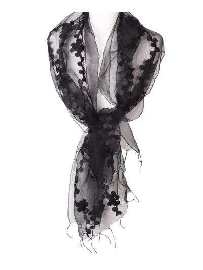 Zwarte zijden stola met opgestikte bloemetjes