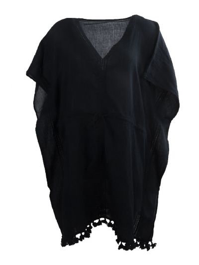 Katoenen korte kaftan in zwart met V-hals
