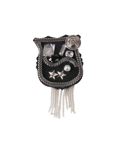 Zwarte vilt corsage met kettingfranje, strass and stars