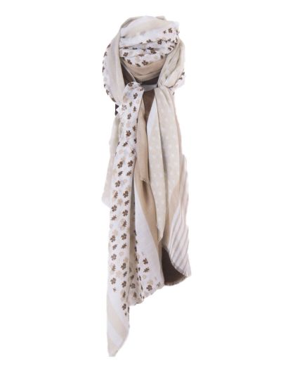Bruin-beige soepelvallende sjaal met diverse prints