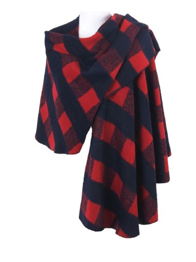 Donkerblauwe flausch-wollen omslagdoek /cape met ruiten