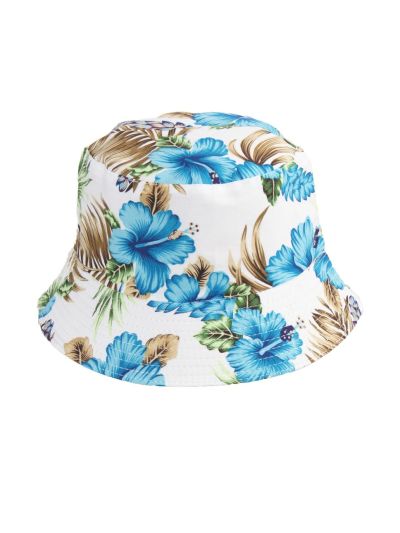 Ivoorkleurige zonnehoed met bloemenprint in blauw