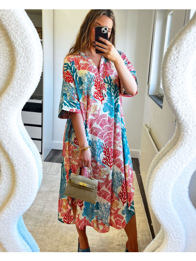 Katoenen kaftan jurk met koraalprint