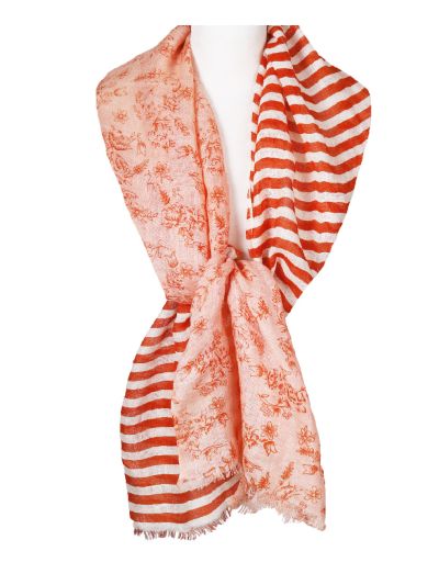 Linnen sjaal â€“ strepen & floral print in oranje