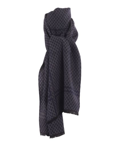 Zachte wol-blend sjaal in donkerblauw met donkergrijze ruitjes 