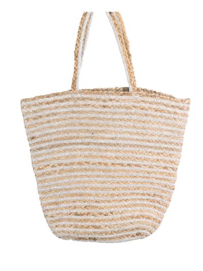 Strooien strandtas met zilverkleurige strepen