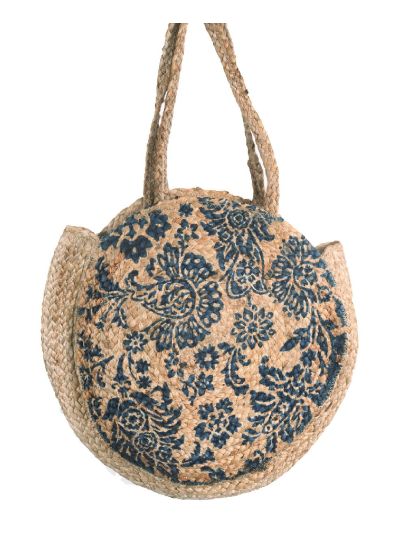 Strooien ronde strandtas met bloemenprint