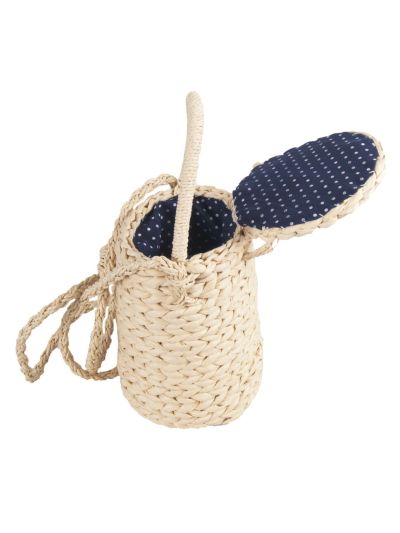 Ivoorkleurige bucket tasje van gevlochten stro