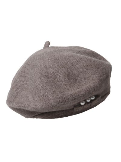 Taupe kasjmier-blend baret met pareltjes