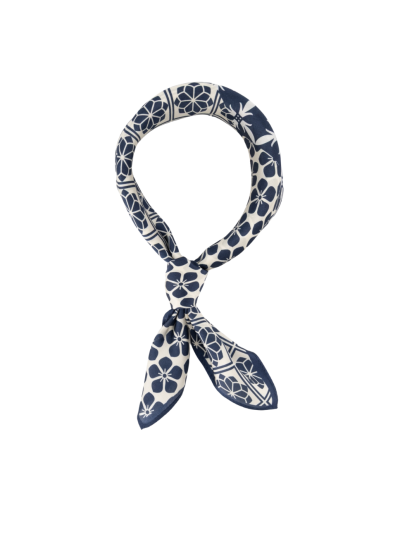 Donkerblauw zijden sjaaltje bloemen