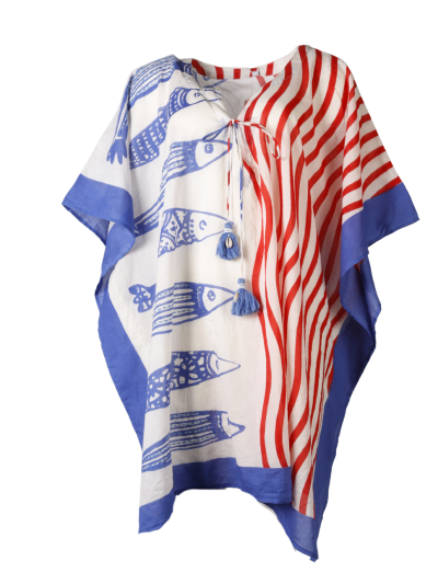Kaftan met vissenprint in rood-blauw
