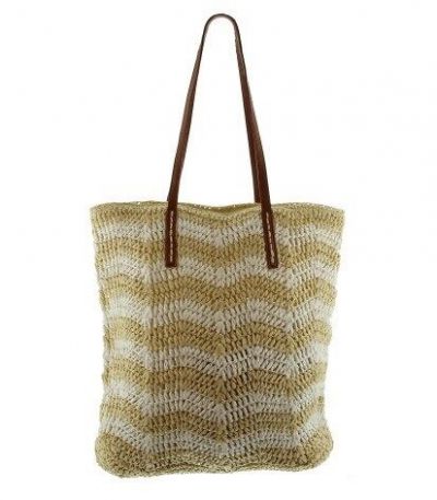 Strooien strandtas in beige met wit