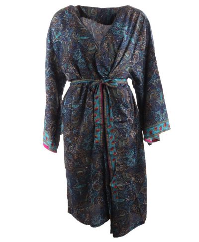 Zijde-blend kimono in donkerblauw met paisley print
