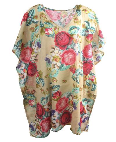 Korte katoenen kaftan in beige met bloemenprint 