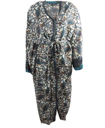 Lange ivoorkleurige zijde-blend kimono met bloemenprint