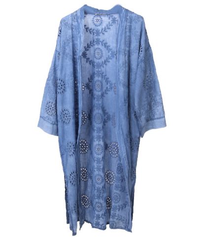 Lange katoenen broderie kimono in jeansblauw