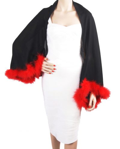 Zwarte bolero stola met rode verenrand